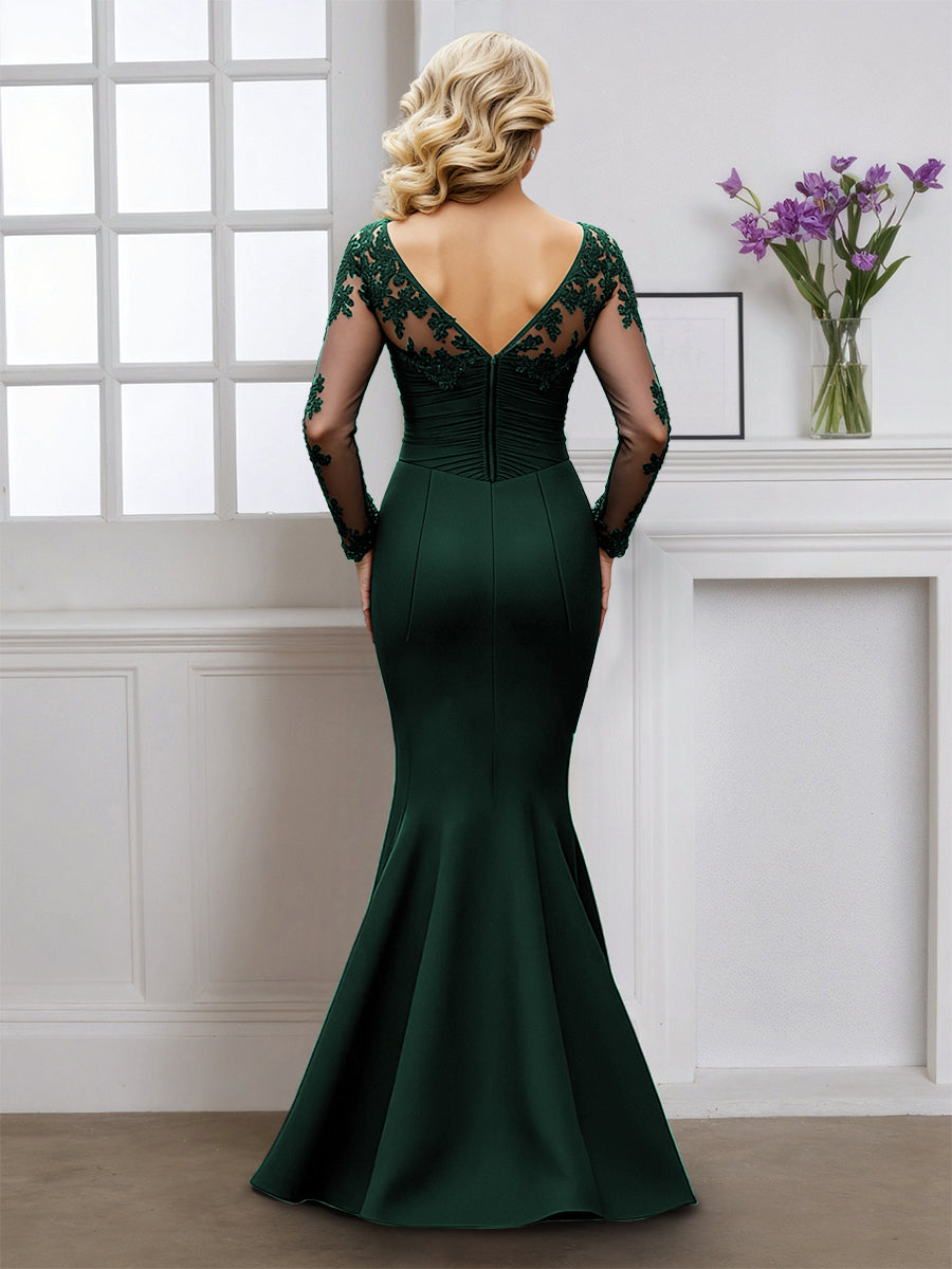 Cicinia Dark Green Mother Of The Bride Dress With Sleeves Long Stretch Fabric Mermaid V-neck