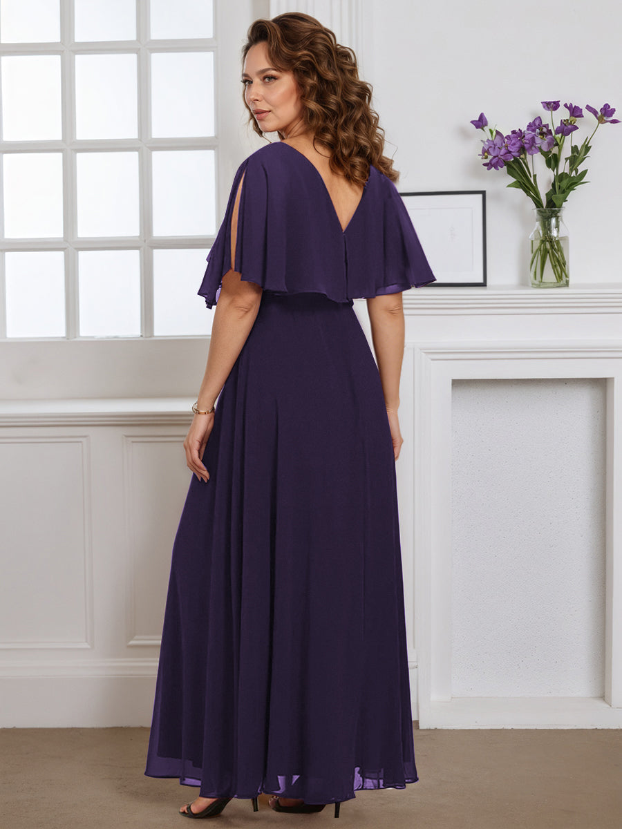 Cicinia Grape Mother Of The Bride Dress Long Chiffon Plus Size A-line V-neck Flutter Sleeves