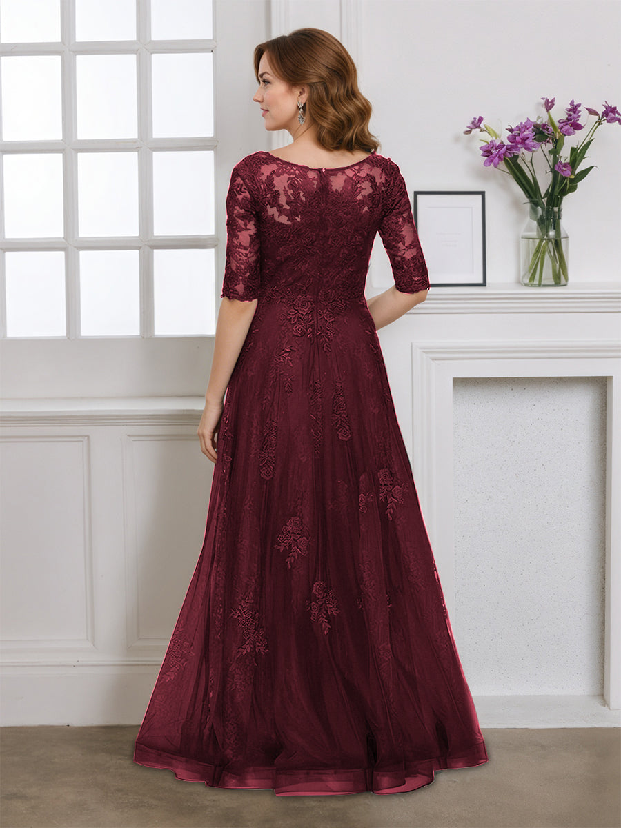 Cicinia Cabernet Mother Of The Bride Dress Half Sleeves Long Tulle Appliques Lace Floor Length