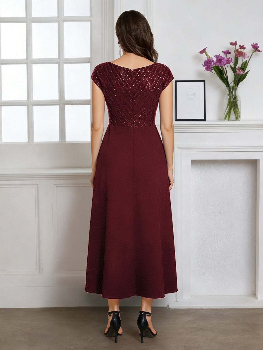 Cicinia Cabernet Mother Of The Bride Dress Long Chiffon Sequins A-line Tea Length V-neck