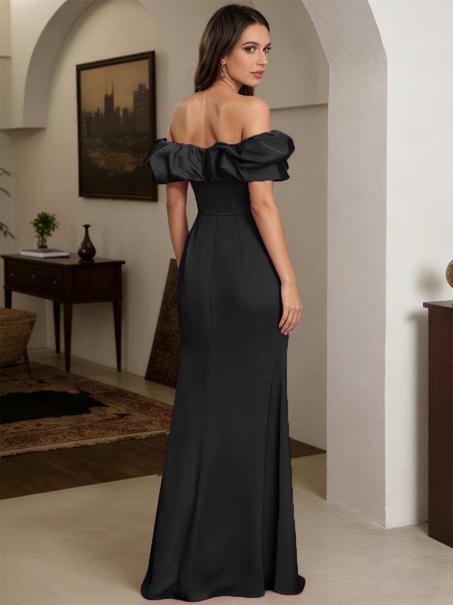 Cicinia Black Prom Dresses Long Stretch Satin Sheath Off The Shoulder Floor Length