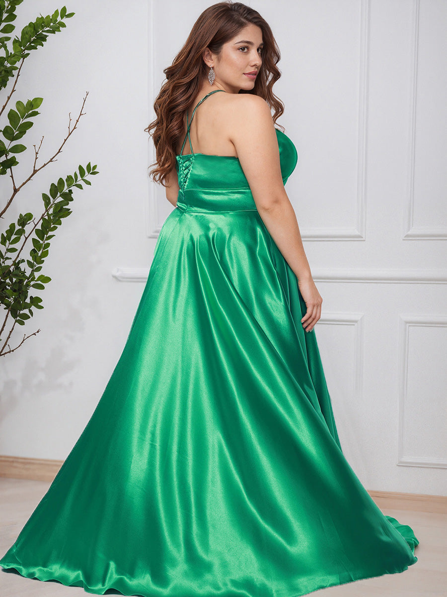 Green Spaghetti Straps Sleeveless Soft Satin Long Plus Size Prom Dress