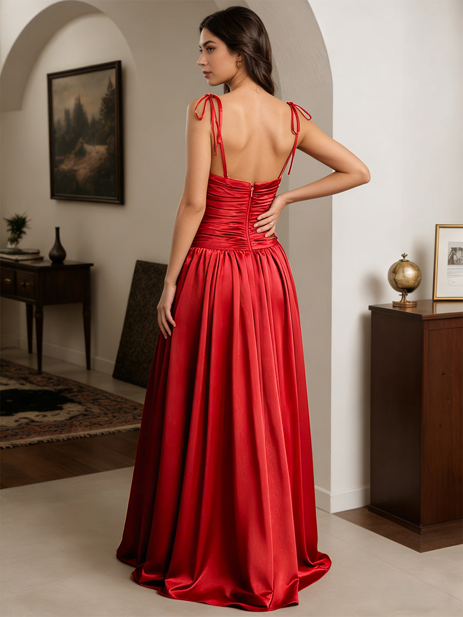 Cicinia Red Prom Dresses Long A-line Satin Spaghetti Straps Floor Length Party Gowns