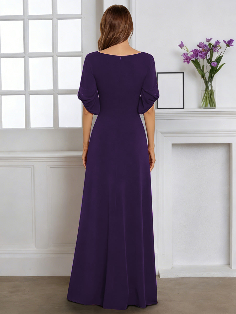 Cicinia Grape Mother Of The Bride Dress With Sleeves Long Stretch Fabric Sheath Beaded Floor Length