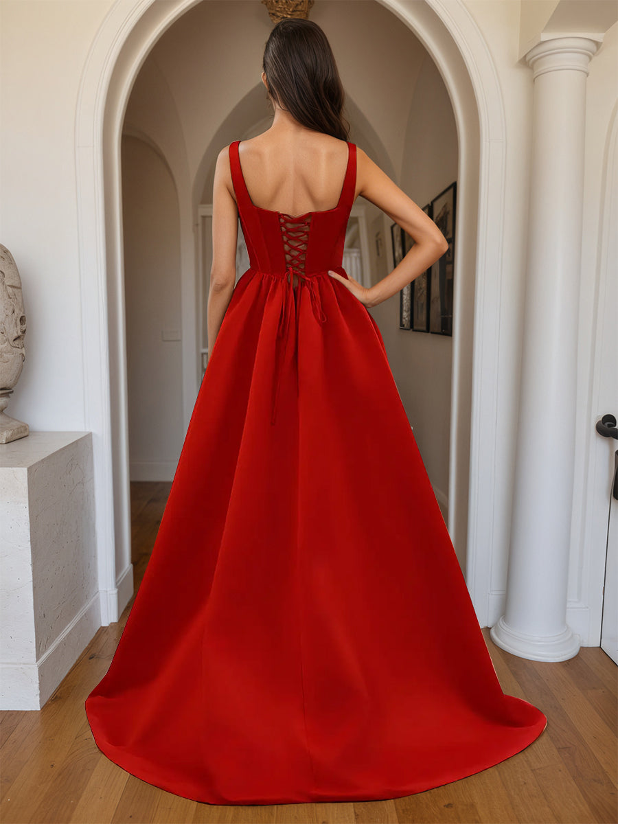 Cicinia Red Prom Dresses Long A-line Satin Square Neckline Pretty Party Gowns