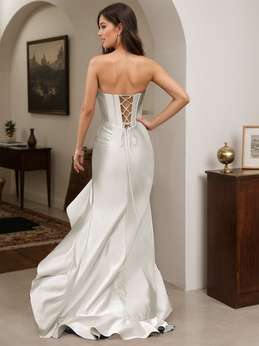 Cicinia Silver Prom Dresses Long Srtapless Sheath Ruffles Party Gowns