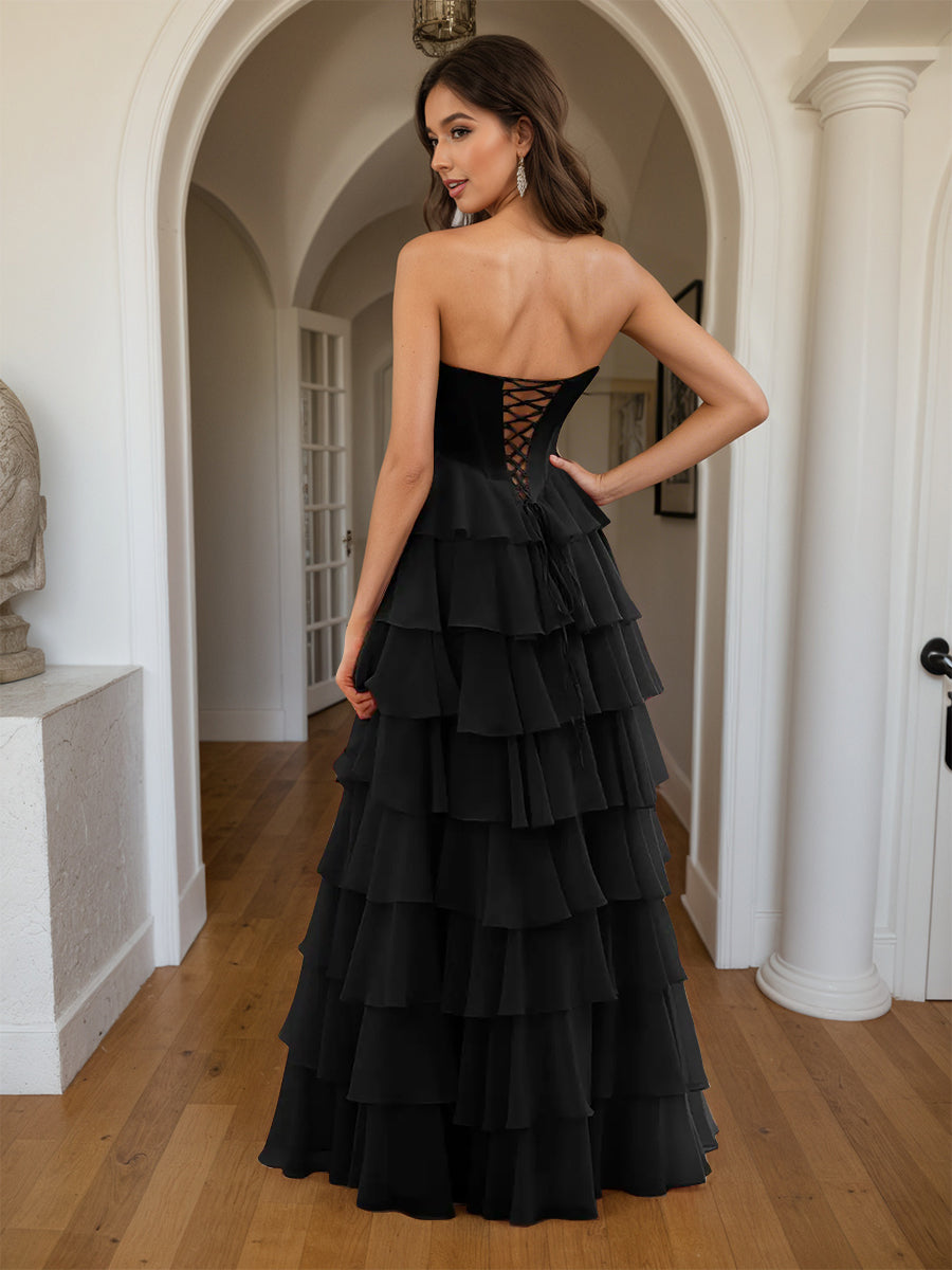 Cicinia Black Prom Dresses Long A-line Slit Sweetheart Layered Evening Gowns