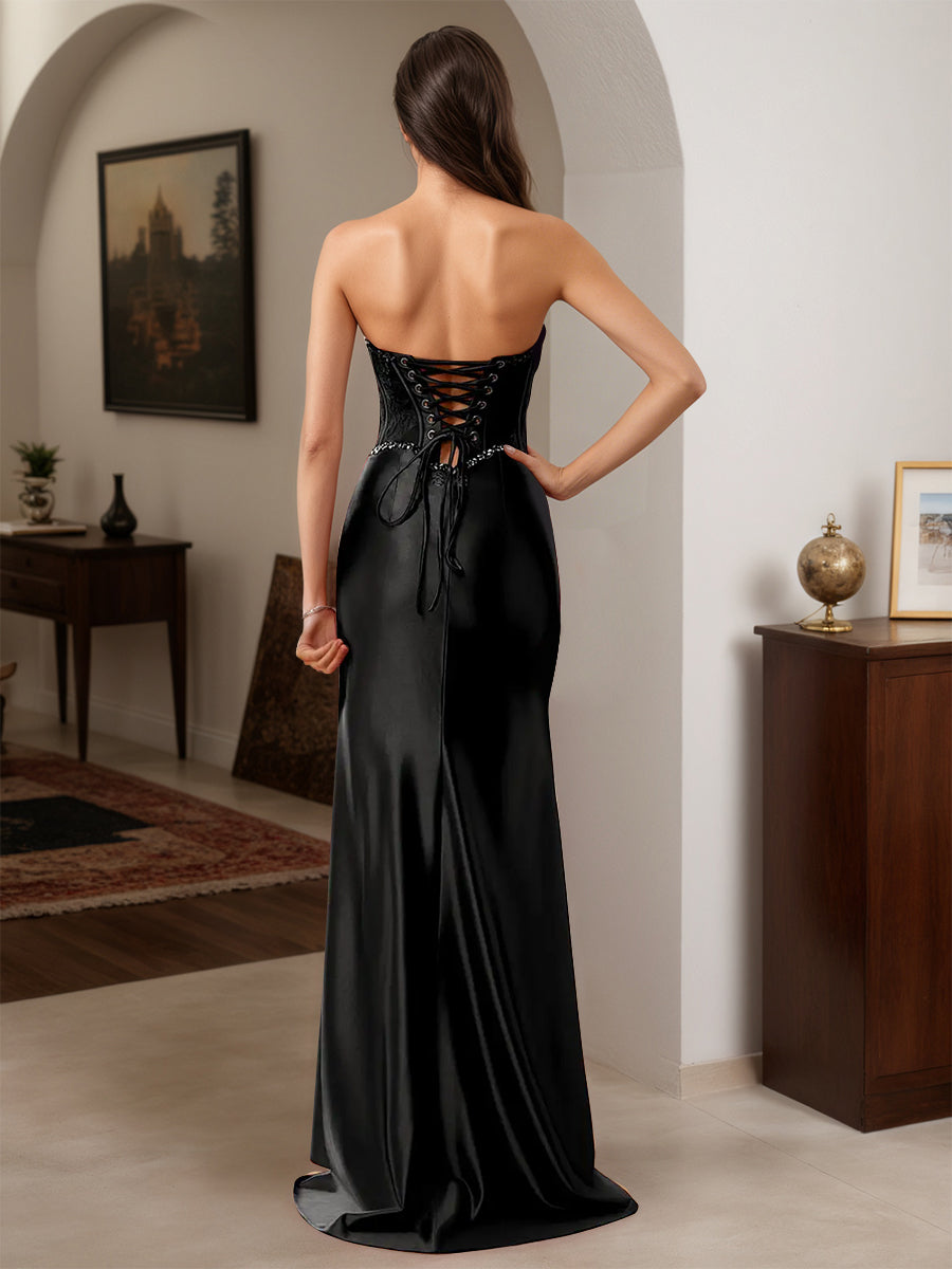 Cicinia Black Prom Dresses Long Sheath Beaded Sweetheart Slit Party Dress