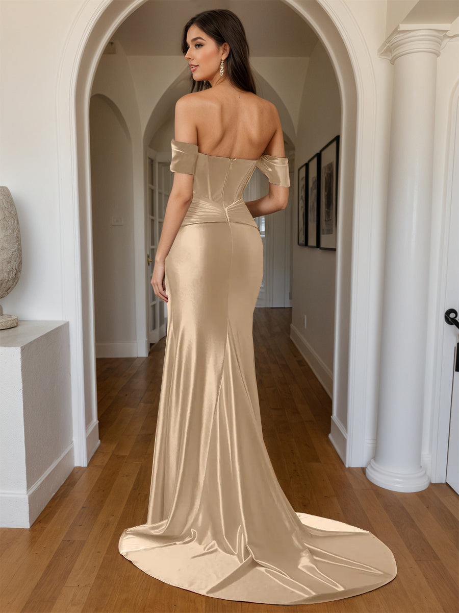 Cicinia Champagne Prom Dresses Long Sheath Soft Satin Slit Off The Shoulder Evening Gowns With Sweep Train