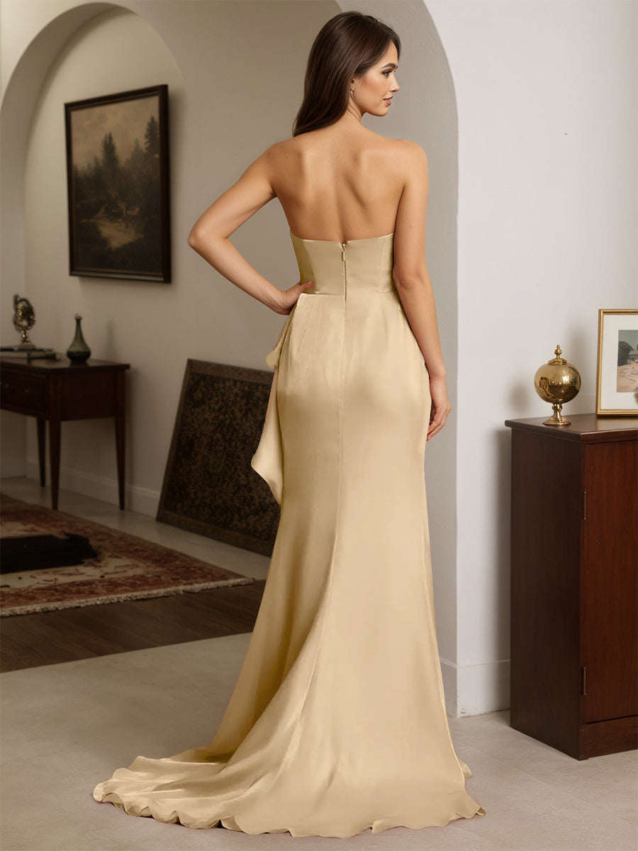 Cicinia Champagne Prom Dresses Long Strapless Sheath Slit Party Dress