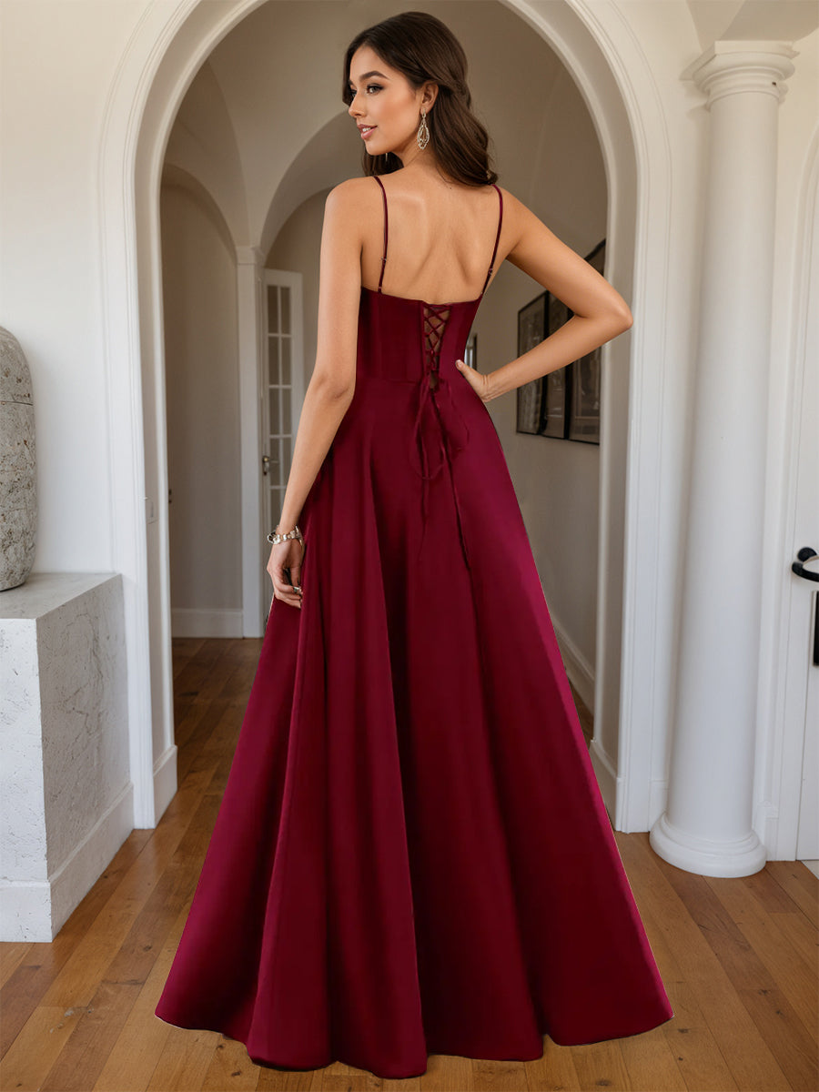 Cicinia Burgundy Prom Dresses Long Sweetheart A-line Satin Spaghetti Straps Floor length