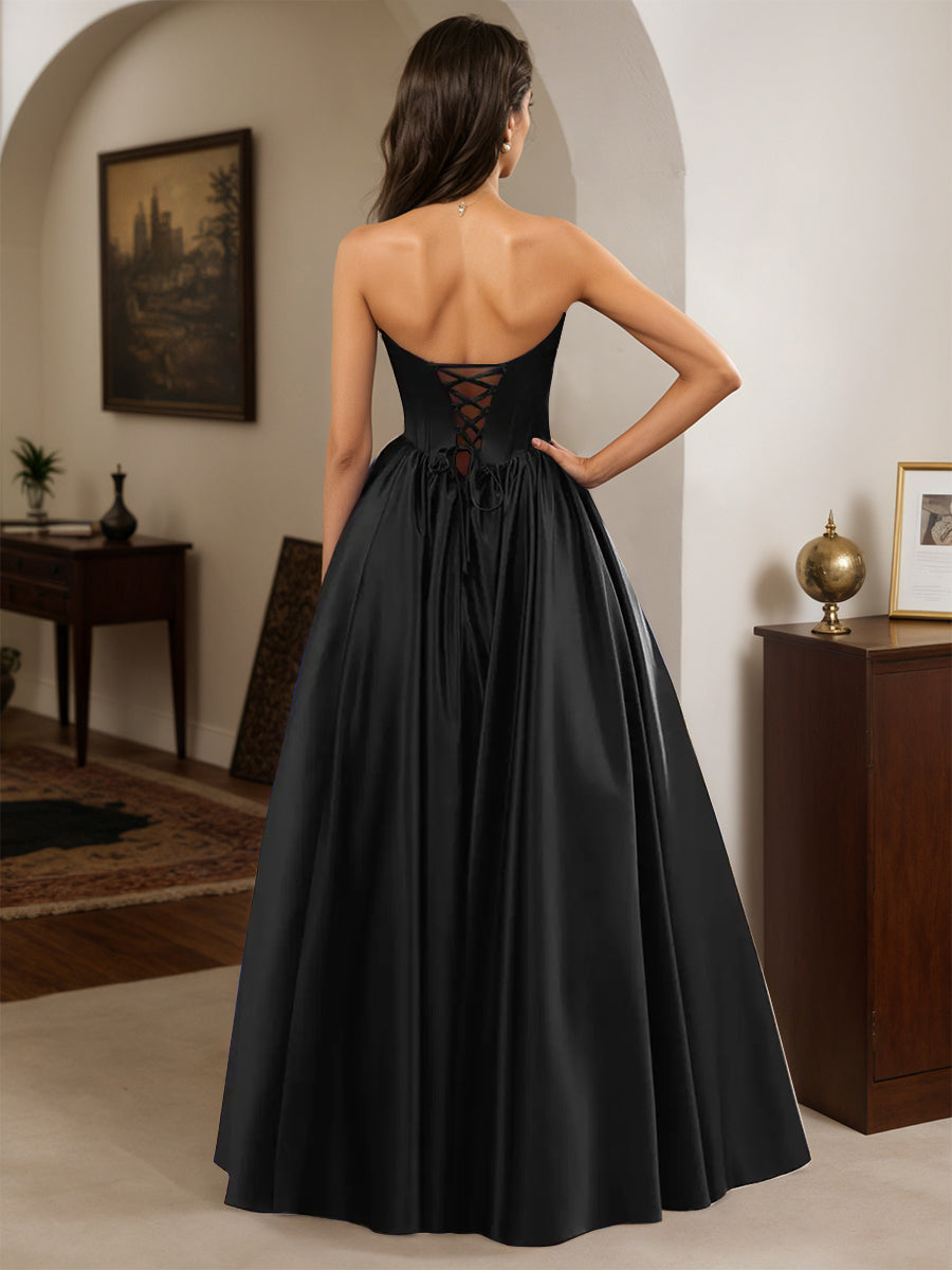 Cicinia Black Prom Dresses Long A-line Satin Strapless Floor Length Party Dress