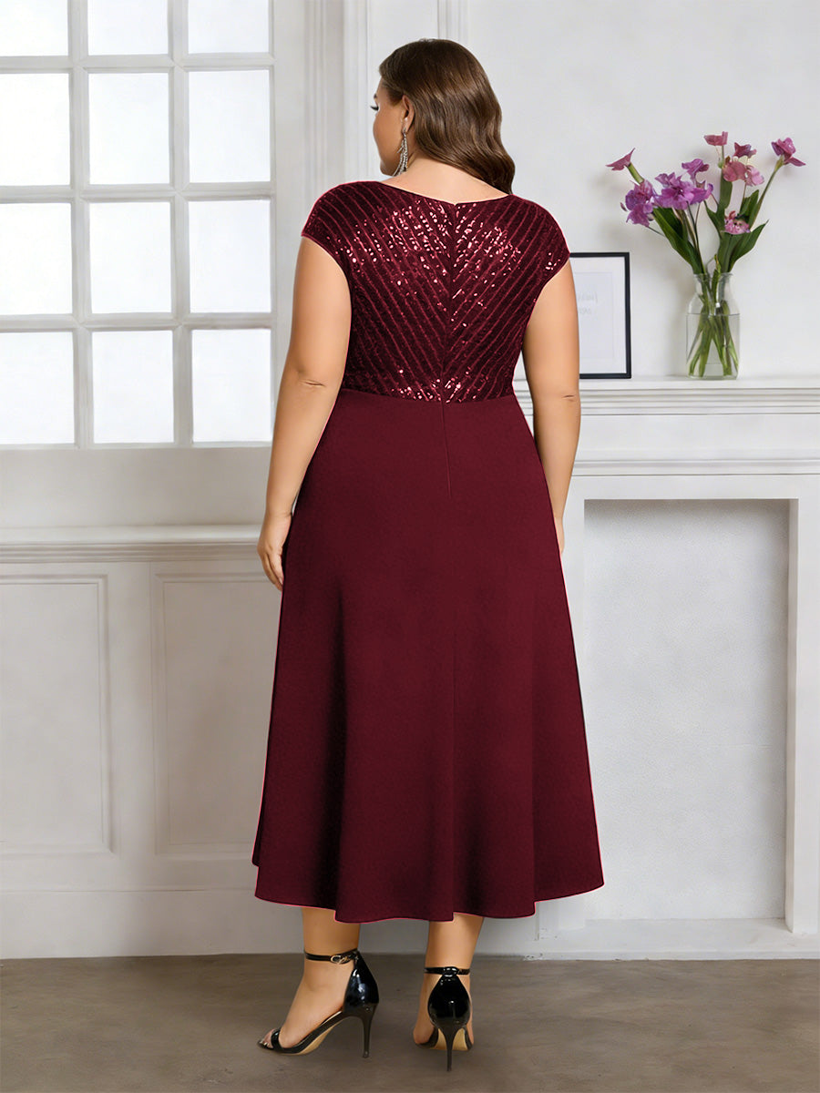 Cicinia Cabernet Mother Of The Bride Dress Plus Size Long Chiffon Sequins A-line Tea Length V-neck
