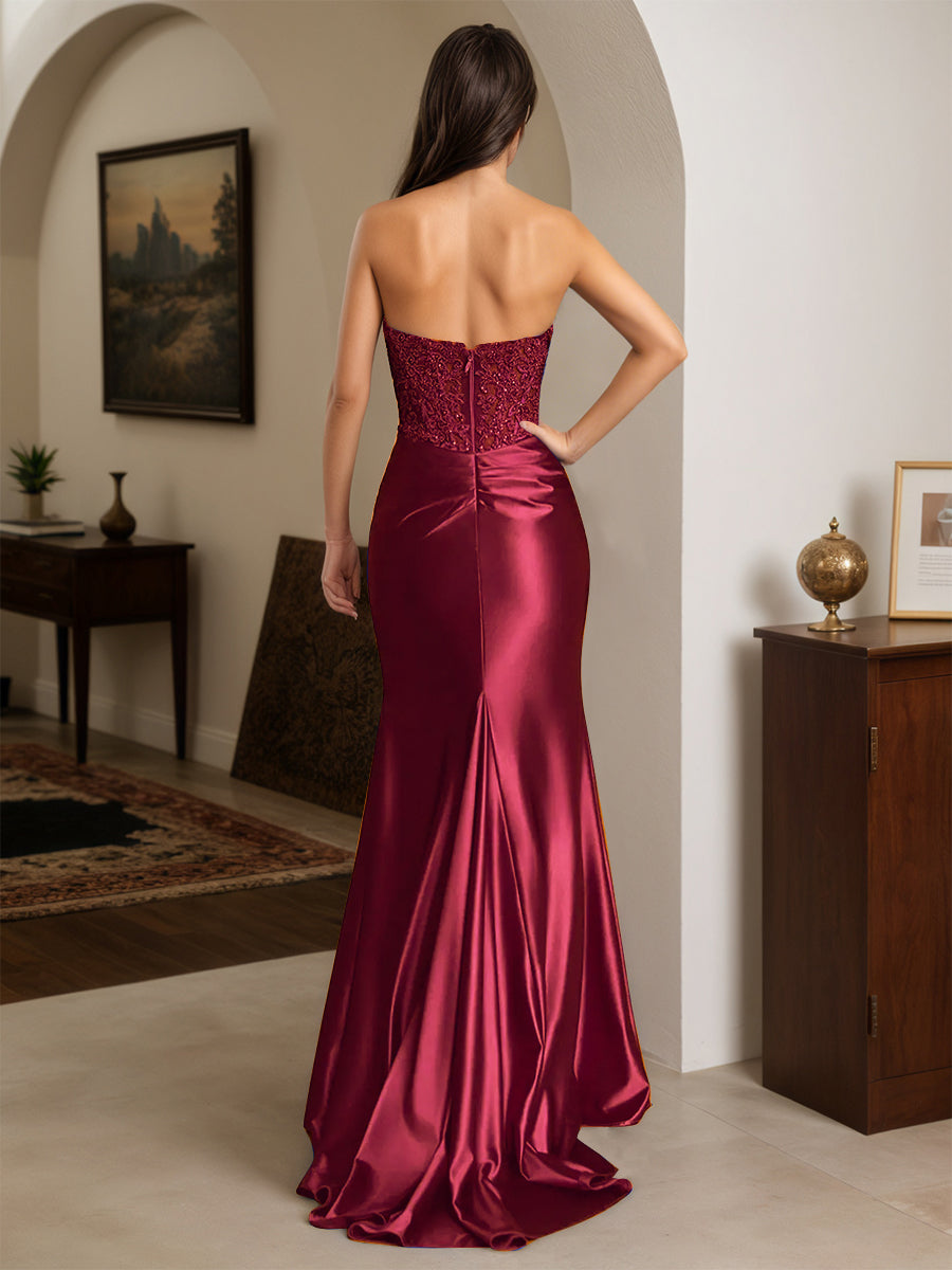 Cicinia Burgundy Prom Dresses Long Stretch Satin Sheath Strapless Appliques Lace