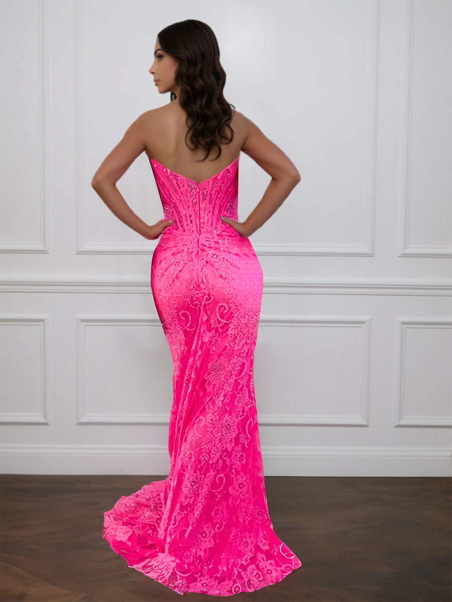 Cicinia Azalea Prom Dresses Long Lace Sheath Strapless Sweep Train Elegant