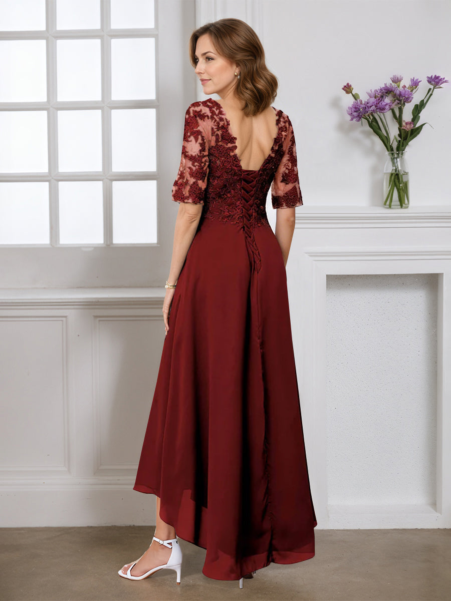 Cicinia Burgundy Mother Of The Bride Dress Half Sleeves Long Chiffon Lace A-line V-neck High-Low Hemline