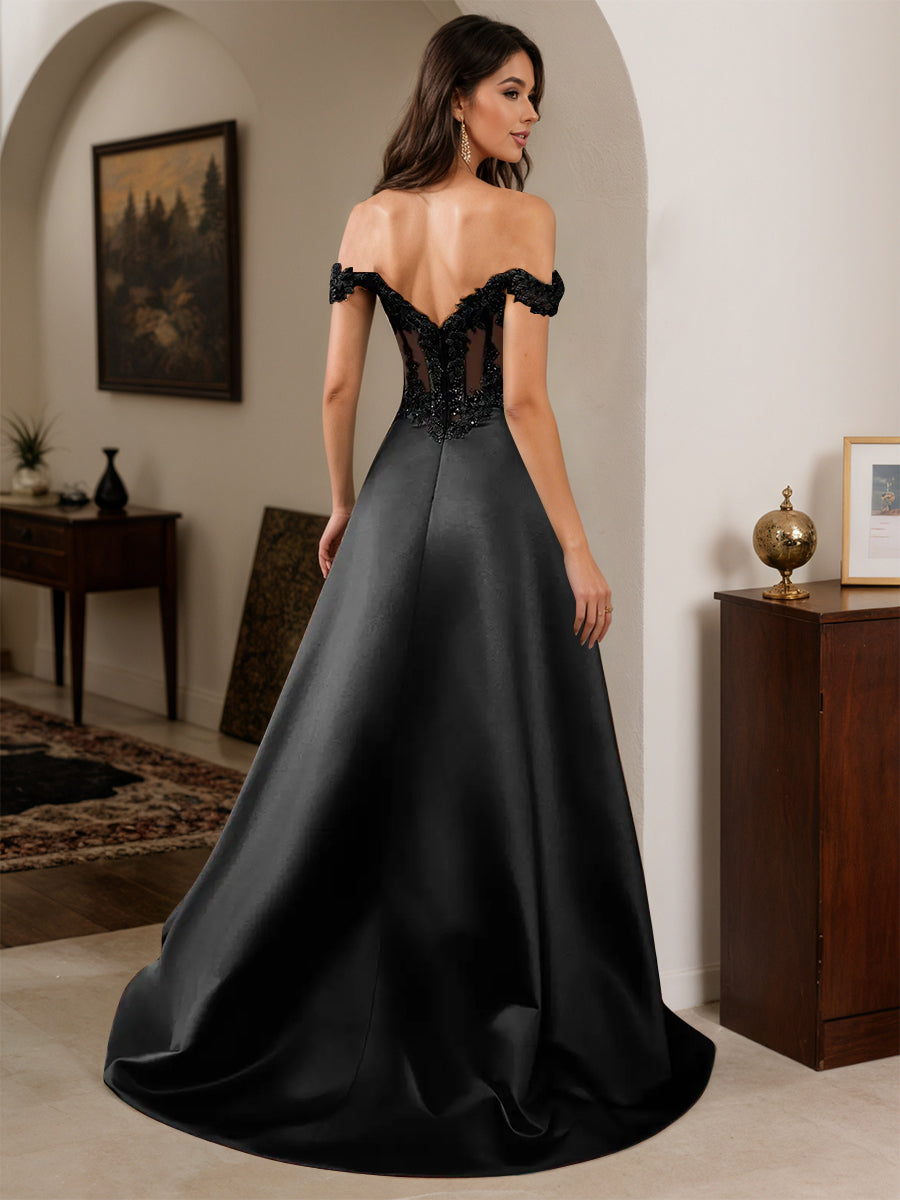 Cicinia Black Prom Dresses Long Off The Shoulder A-line Appliques Lace Dress