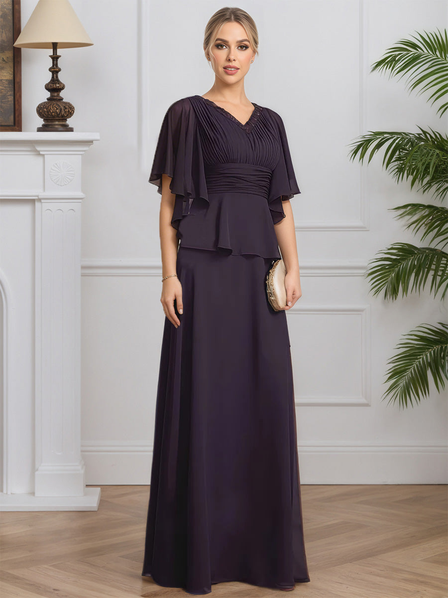Cicinia Plum Mother Of The Bride Dress Long Chiffon A-line Beaded V-neck