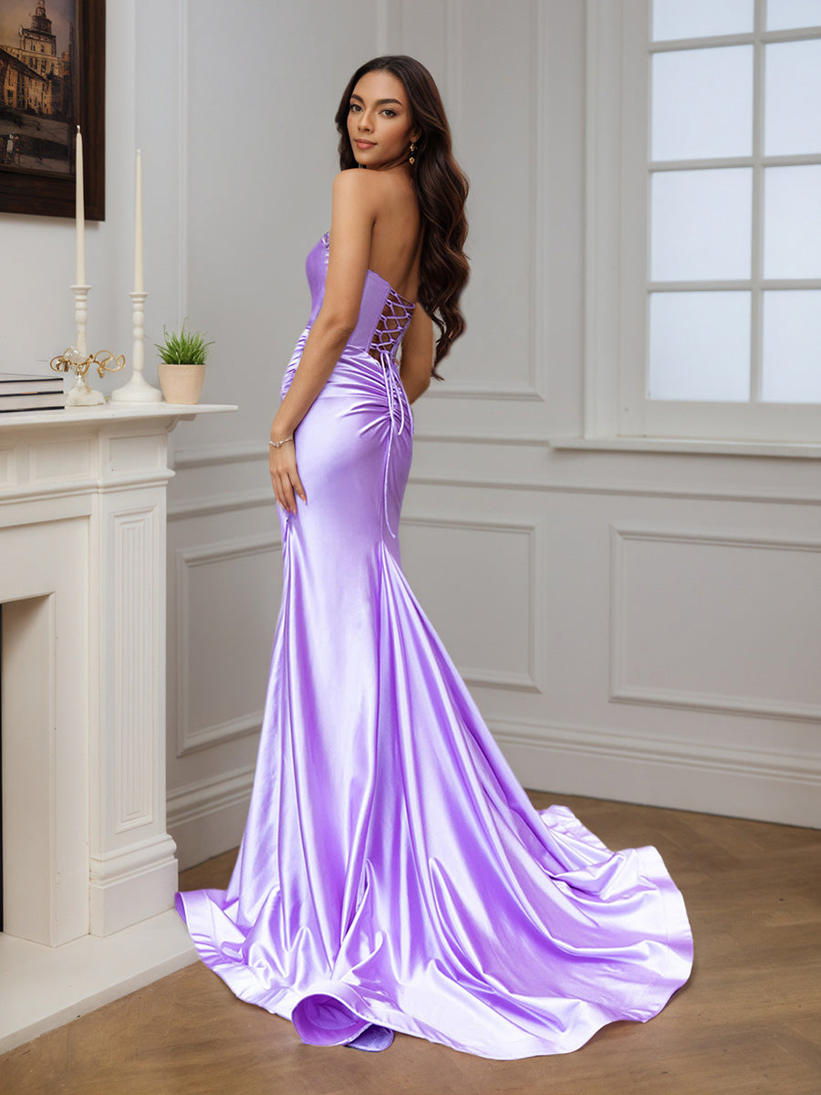 Sheath Slit Strapless Sweep Train Long Prom Dress Lilac Evening Gown