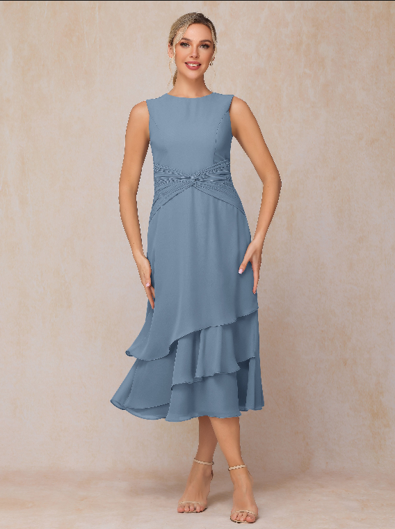 2 Pieces Tea Length Long Sleeves Chiffon Mother Of The Bride Dress
