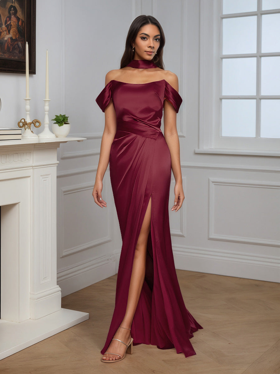 Formal Off The Shoulder Burgundy Sheath Sweep Train Long Prom Dress