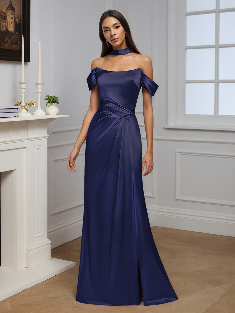 Formal Off The Shoulder Navy Blue Sheath Sweep Train Long Prom Dress