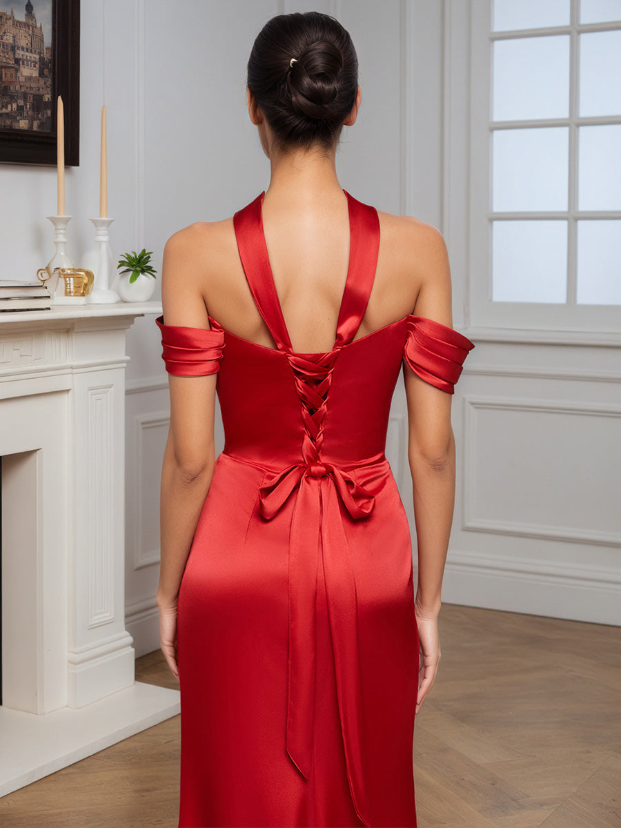 Formal Off The Shoulder Red Sheath Sweep Train Long Prom Dress