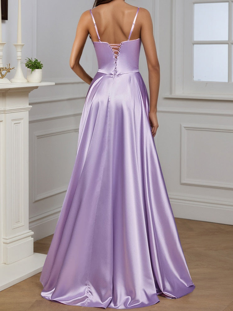 Cicinia Lilac Prom Dresses Long Soft Satin Slit A-line Evening Dress