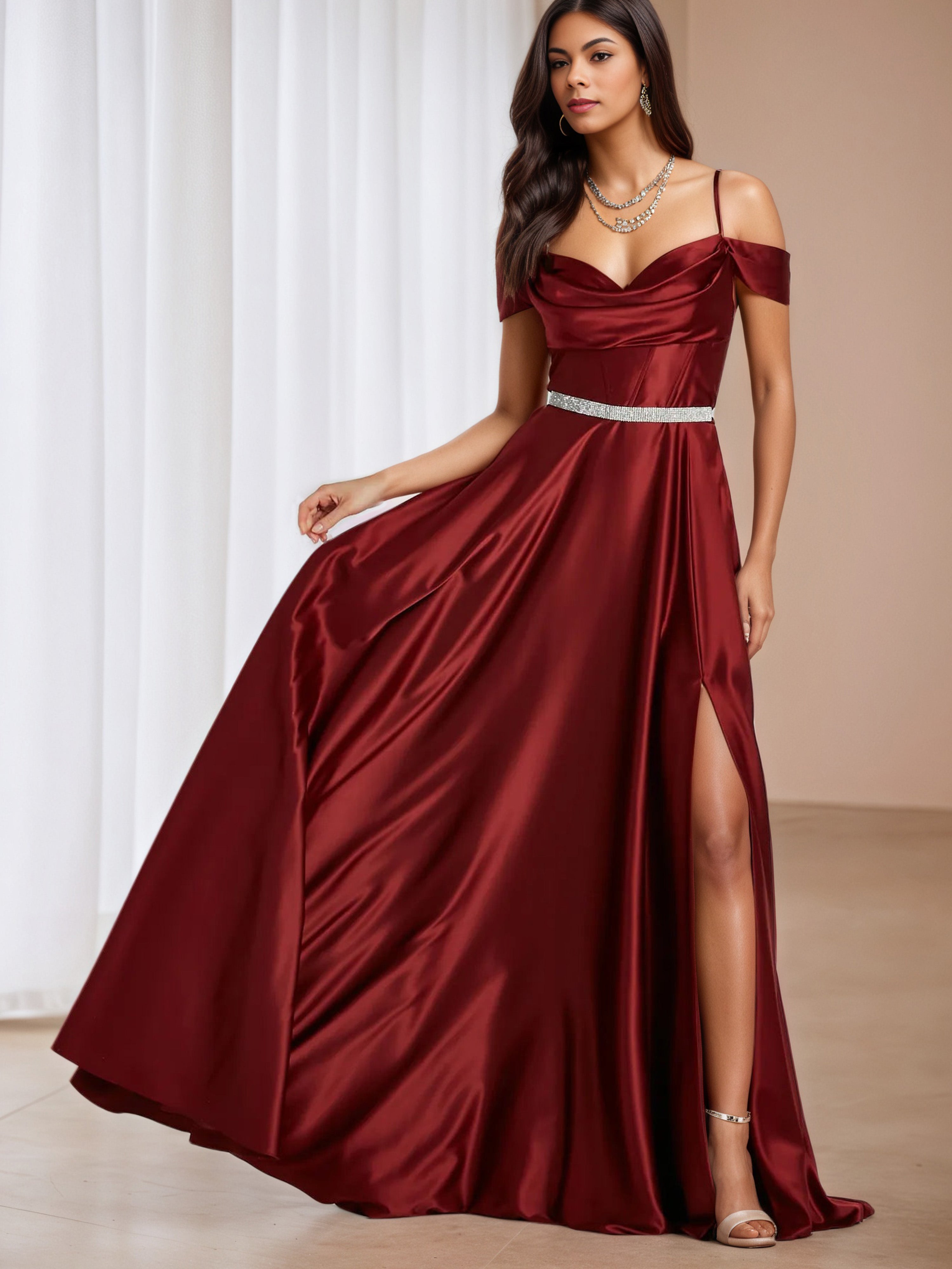 Off The Shoulder Ruched Burgundy Wedding Guest Dress with Split Off The Shoulder Ruched Burgundy Wedding Guest Dress with Split