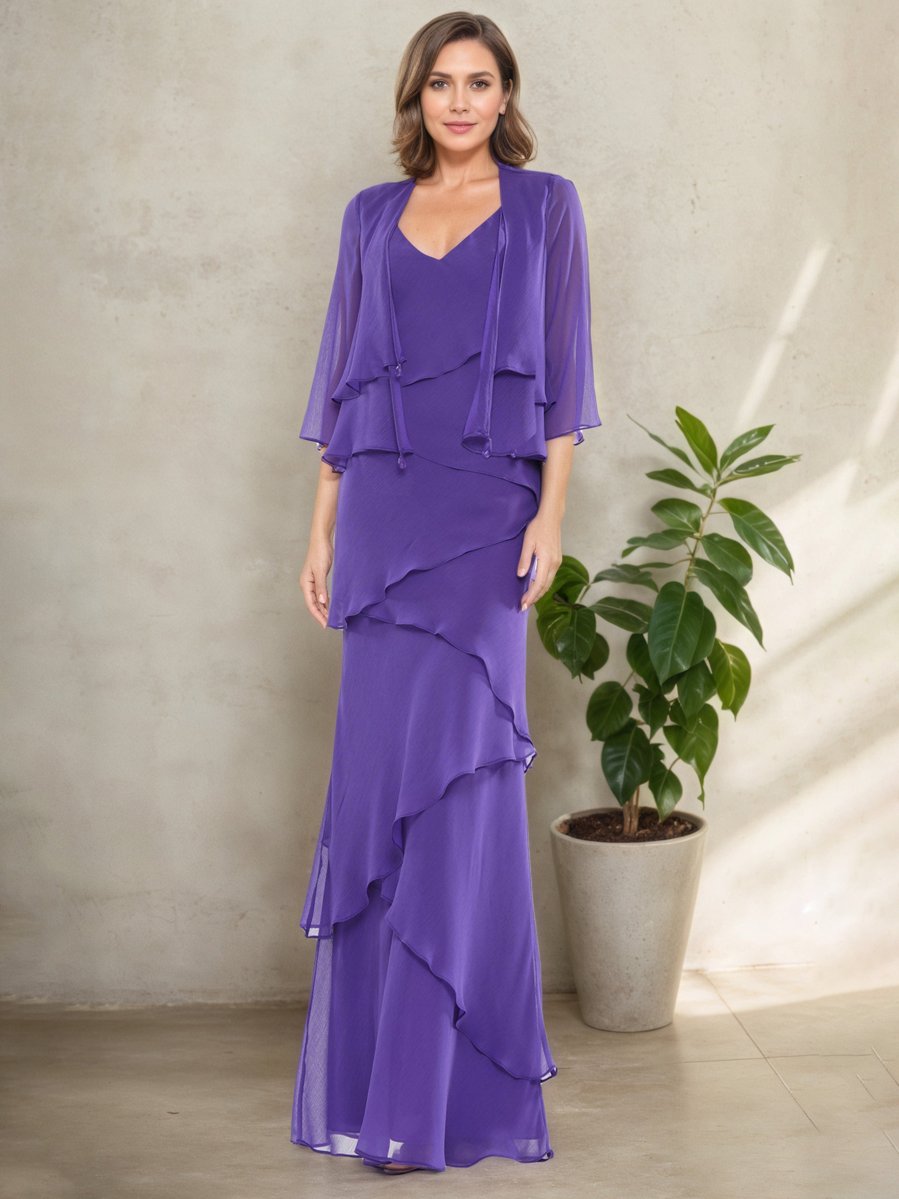 Regency V-Neck Dress Layers 3/4 Sleeves Long Sheath Mother of The Bride Dress Suits Regency V-Neck Dress Layers 3/4 Sleeves Long Sheath Mother of The Bride Dress Suits