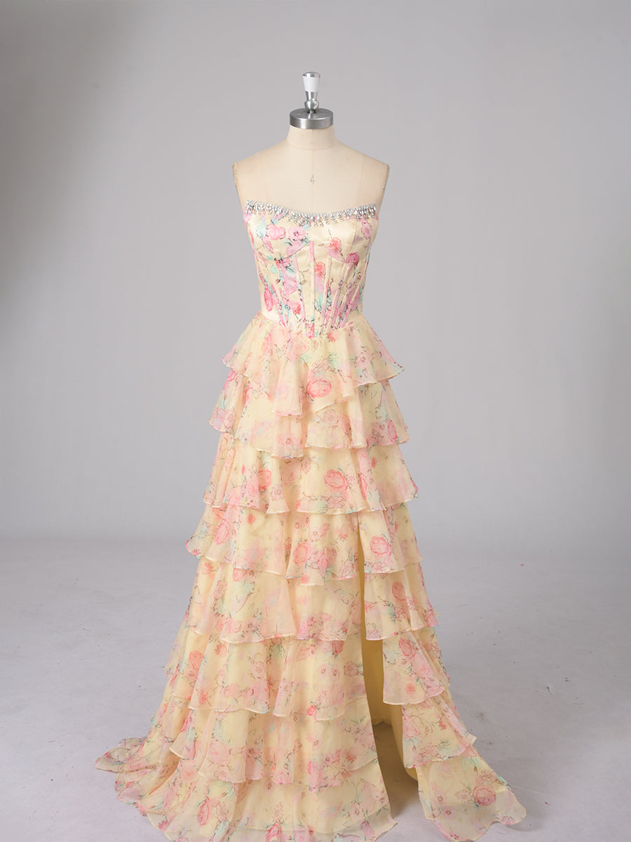 Cicinia Yellow Prom Dresses Long Printed Fabric A-line Sleeveless Slit Layered Gowns