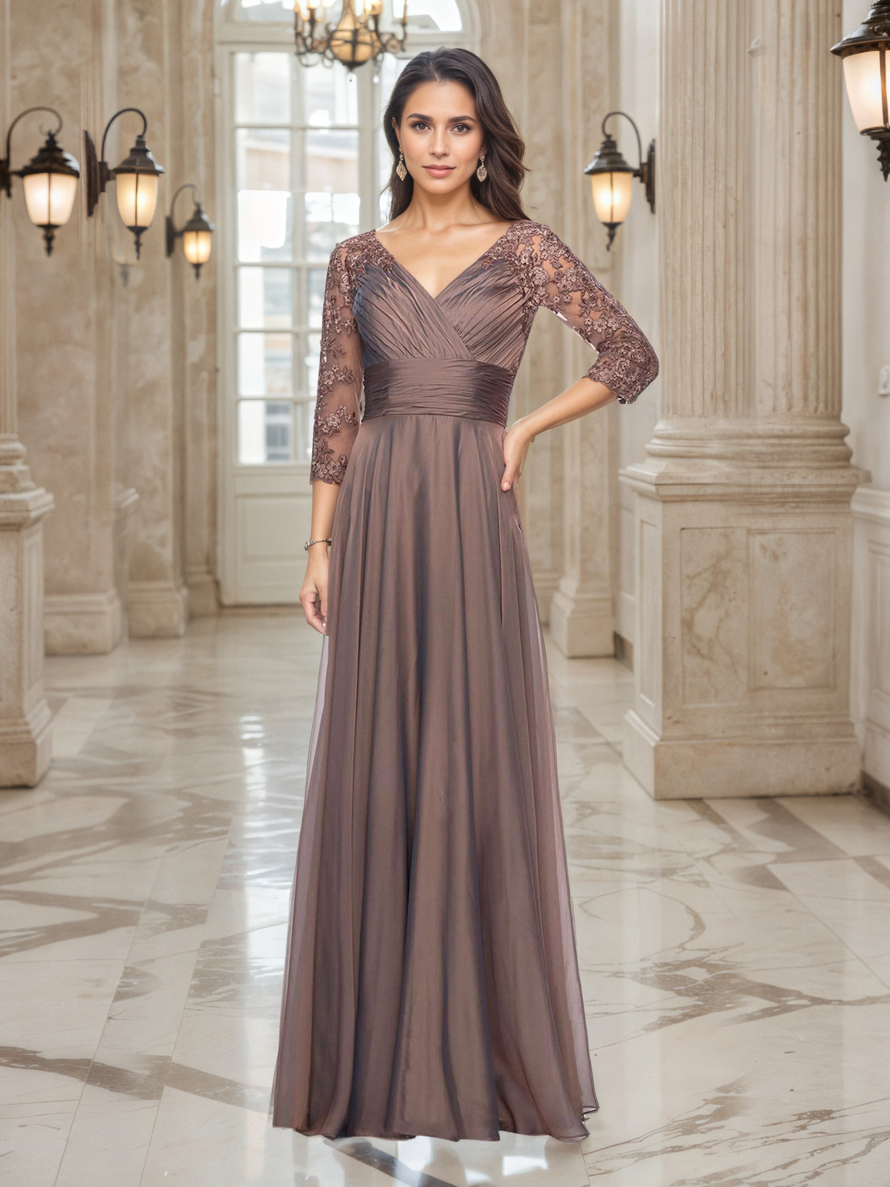 Brown Mother of Bride Dresses A-Line V-Neck 3/4 Lace Sleeves Mother of The Bride Dress Brown Mother of Bride Dresses A-Line V-Neck 3/4 Lace Sleeves Mother of The Bride Dress