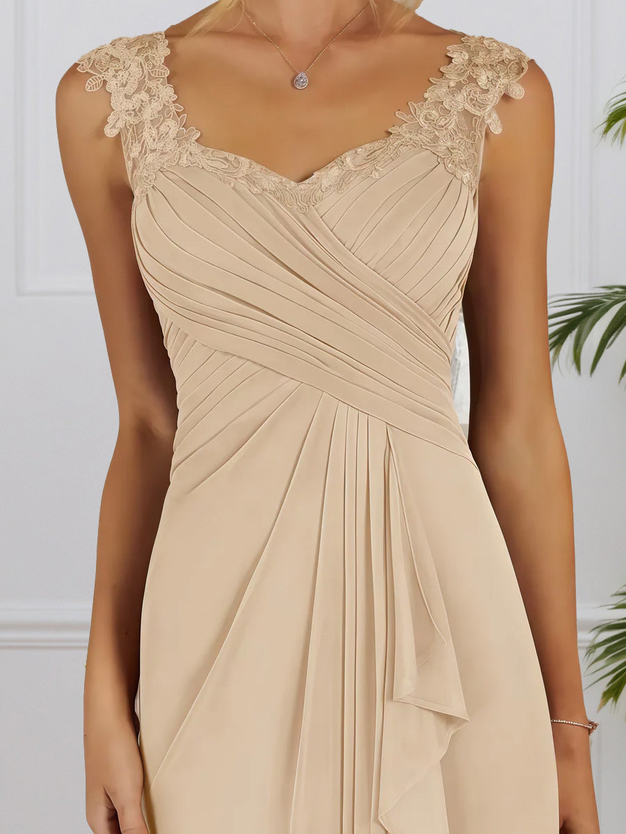 Cicinia Champagne Mother Of The Bride Dress Long Chiffon Lace Sheath Floor Length