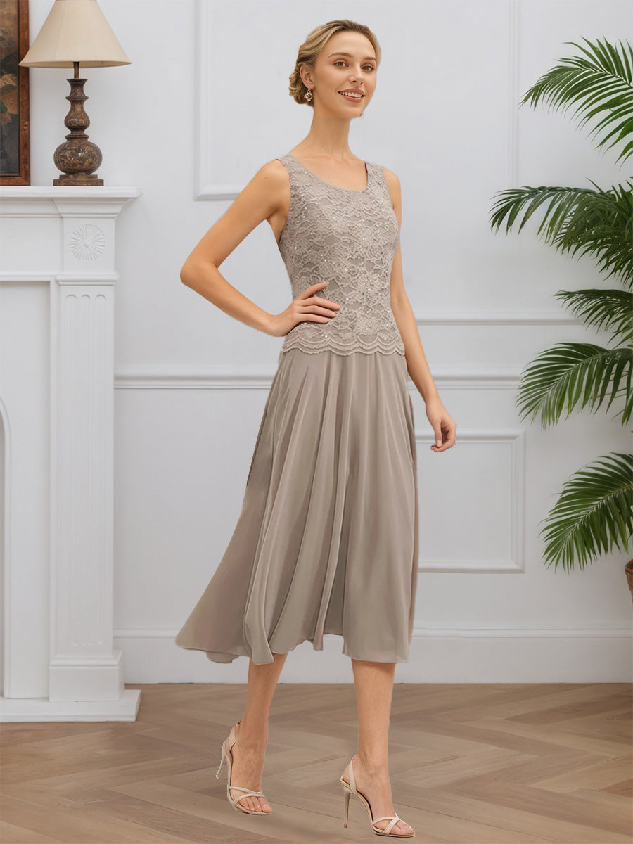 Cicinia Taupe Mother Of The Bride Dress With Jacket Long Lace Chiffon A-line Tea Length