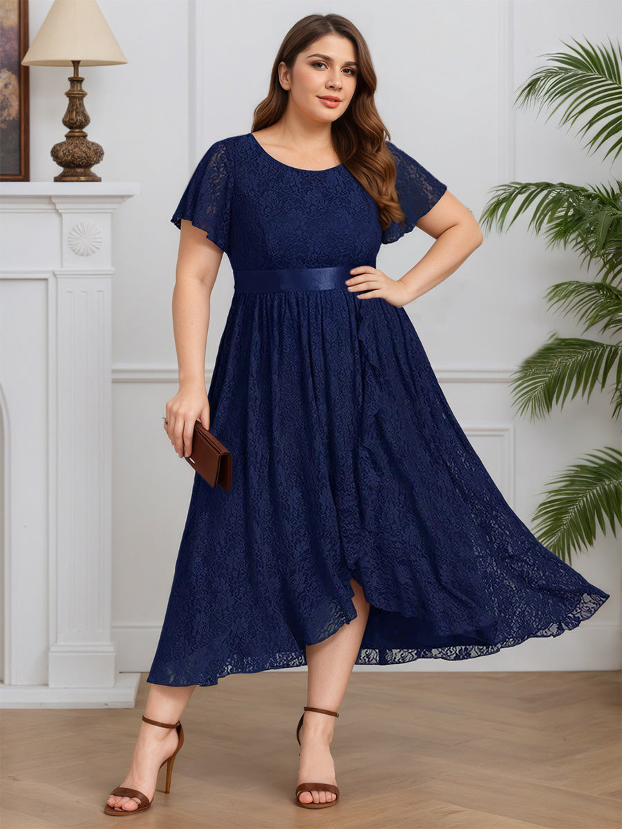 Cicinia Navy Blue Prom Dresses Long Lace A-line Tea Length Plus Size