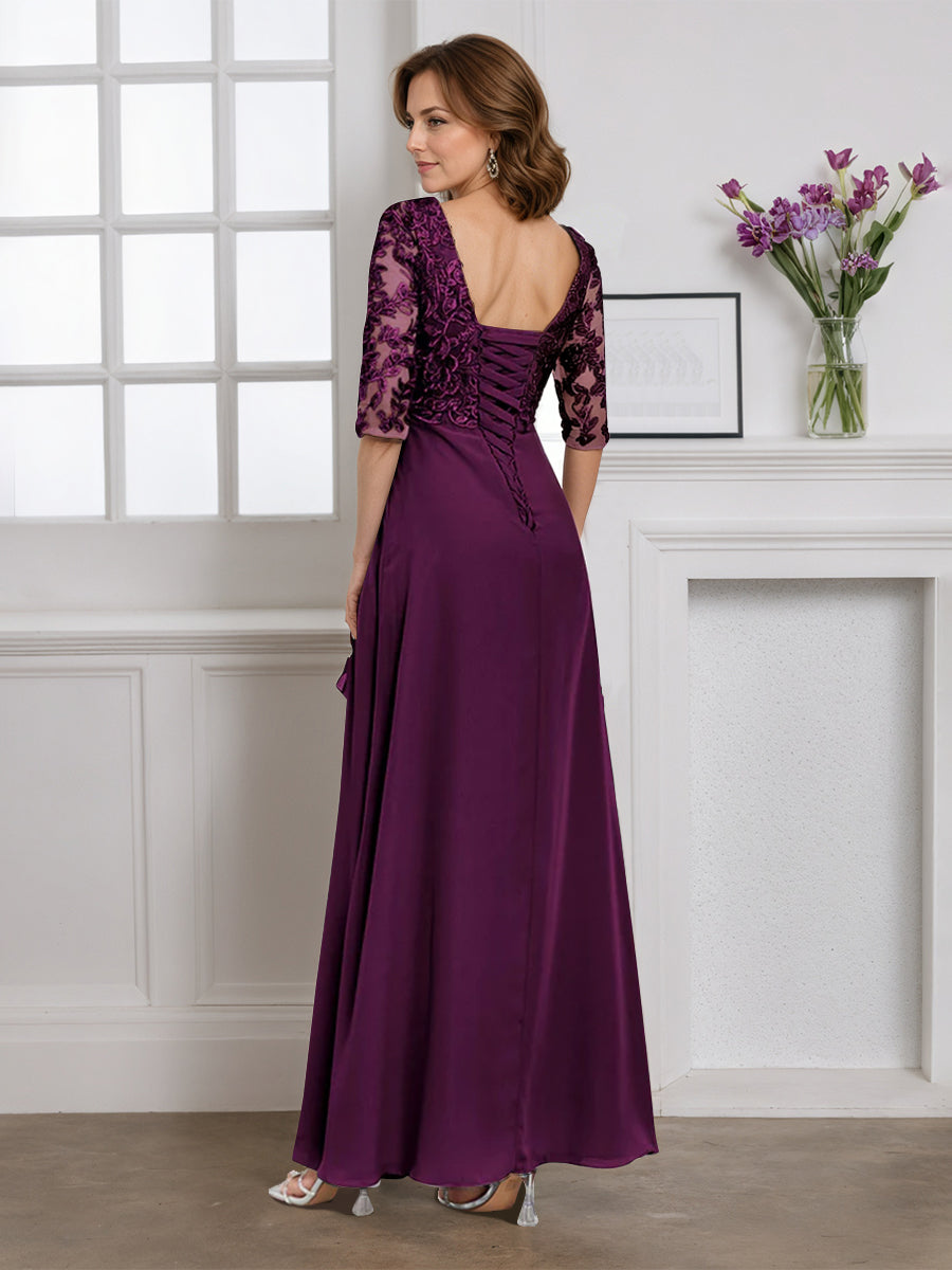 Cicinia Grape Mother Of The Bride Dress Half Sleeves Long Chiffon Lace A-line V-neck Floor Length Gowns