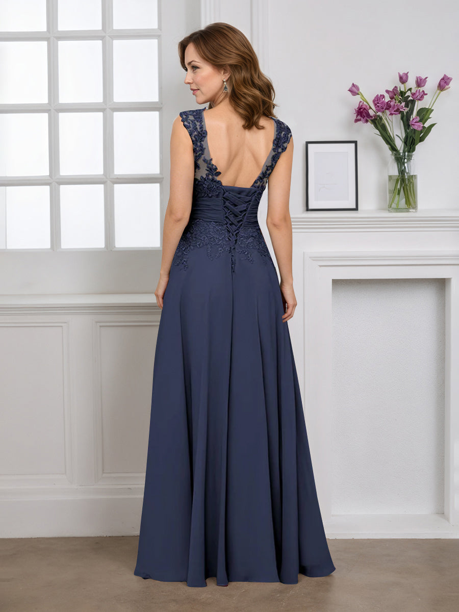 Cicinia Dark Navy Mother Of The Bride Dress Long Chiffon Appliques Lace A-line Floor Length V-neck