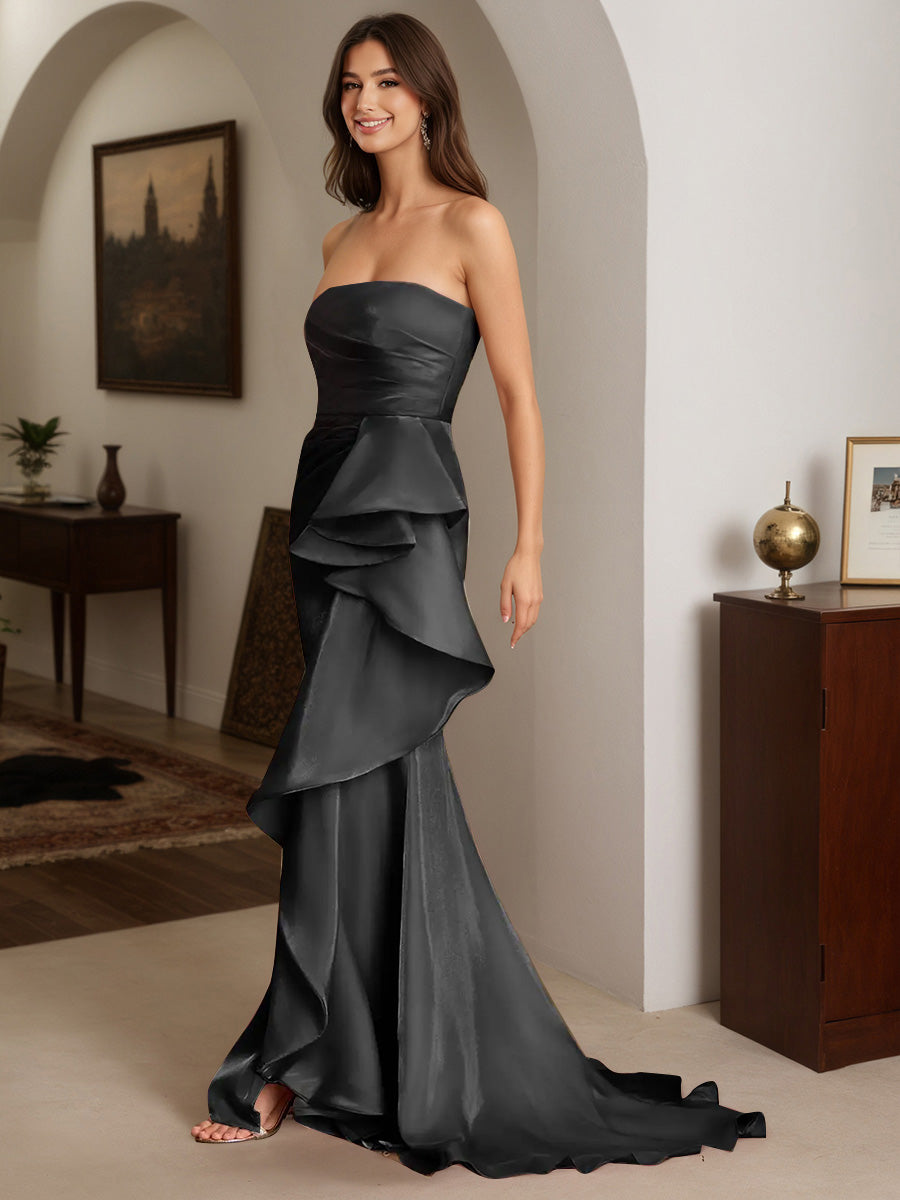 Cicinia Black Prom Dresses Long Strapless Sheath Slit Party Dress