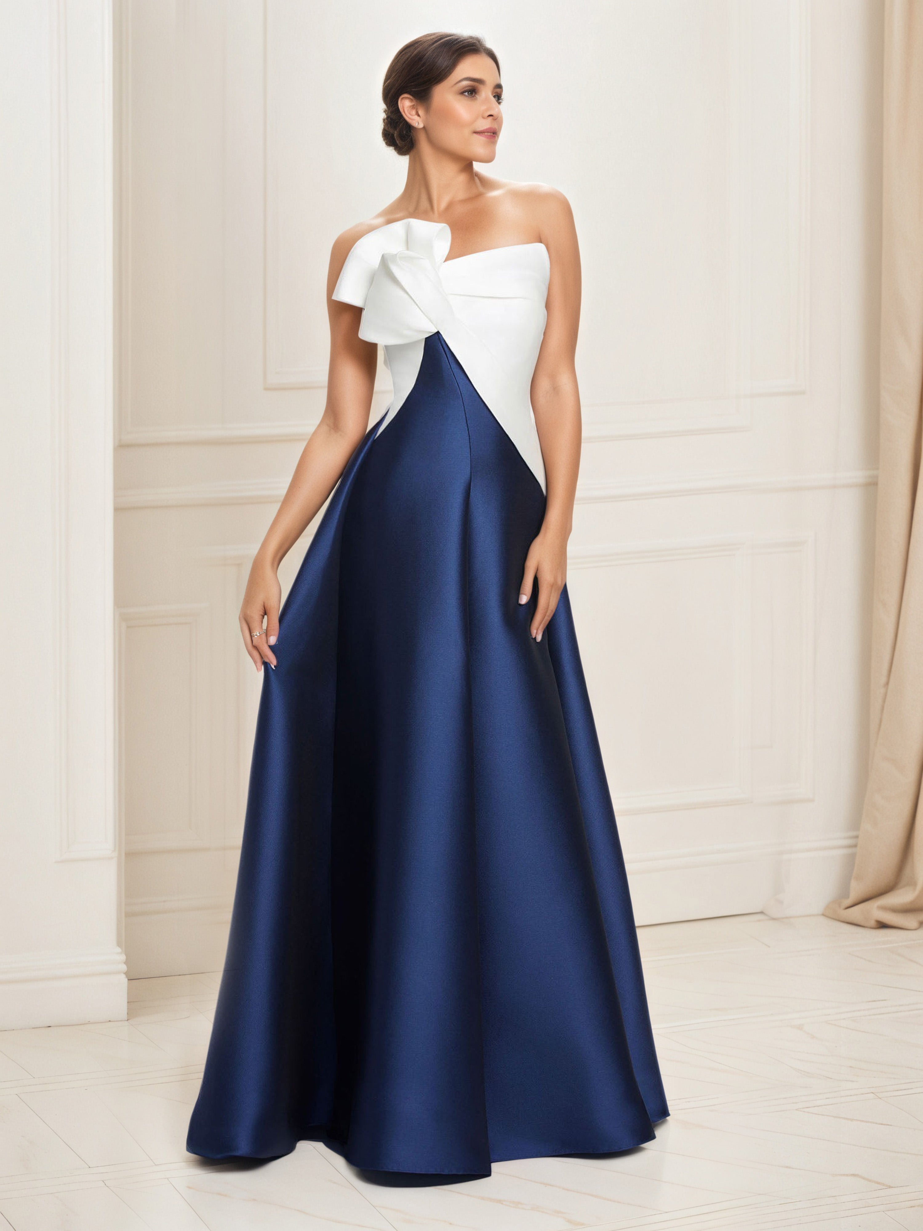 Navy Blue and White Mother of The Bride Dresses Satin A-Line Strapless Floor Length Mother of The Bride Dress Navy Blue and White Mother of The Bride Dresses Satin A-Line Strapless Floor Length Mother of The Bride Dress