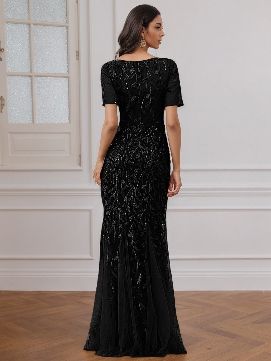 Pretty Black Scoop Neckling Short Sleeves Long Lace Prom Dress