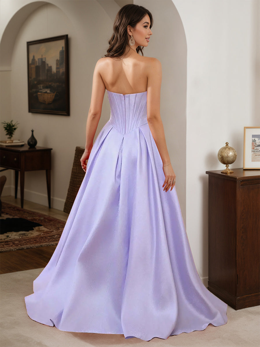Cicinia Lilac Prom Dresses Long Satin A-line Strapless Floor Length Dress