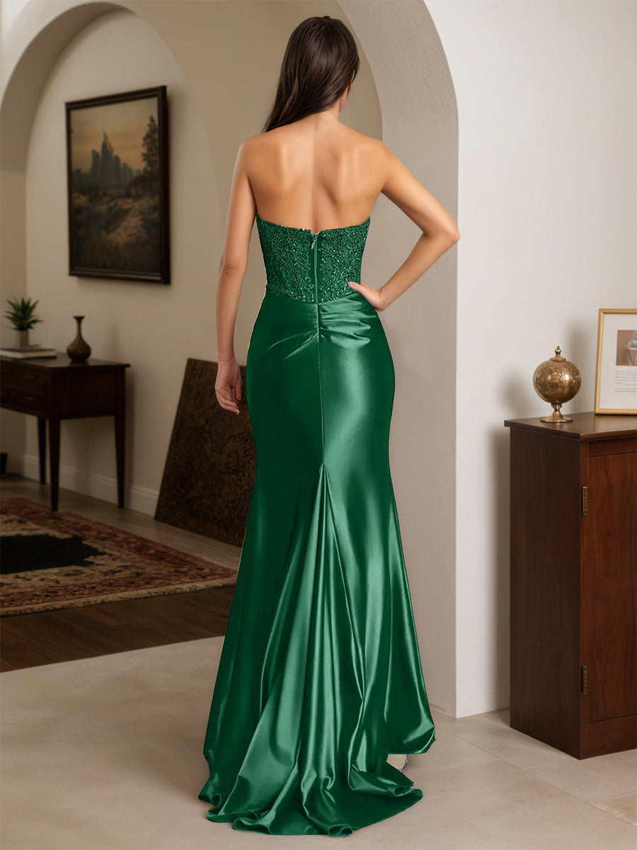 Cicinia Dark Green Prom Dresses Long Stretch Satin Sheath Strapless Appliques Lace