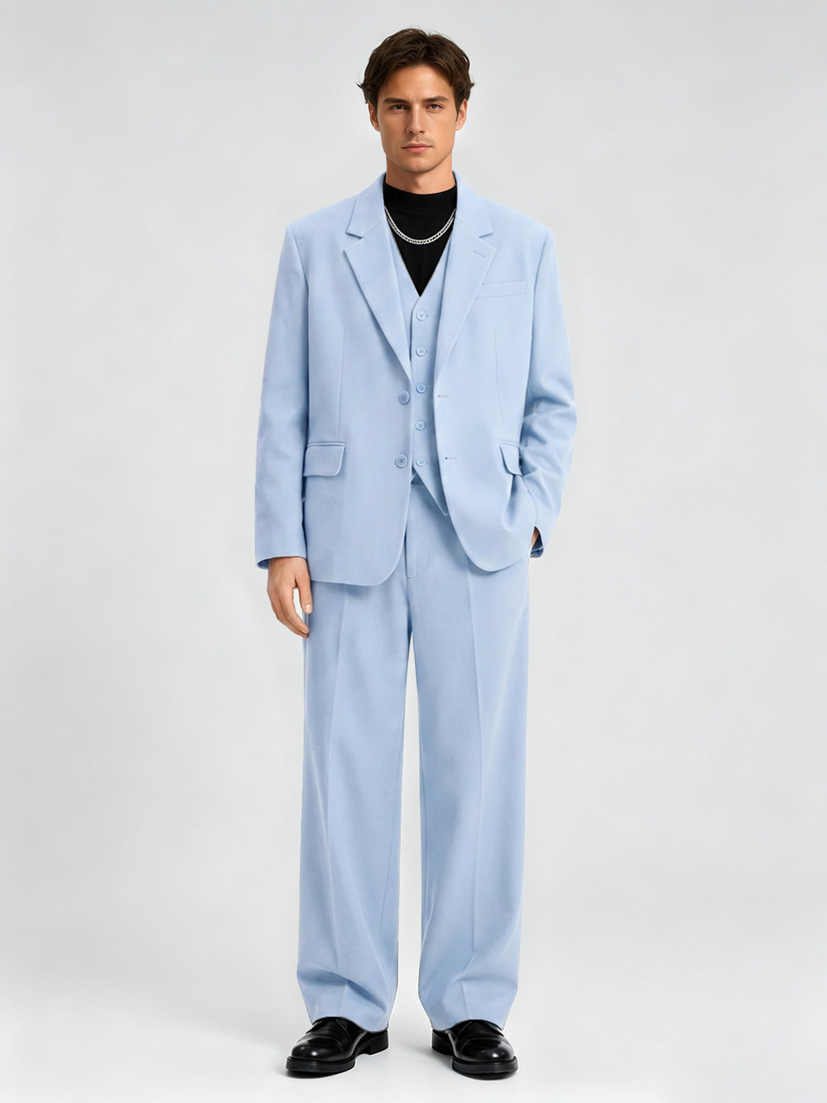 Cicinia Sky Blue Men's Suits Solid 3 Pieces Loose Fit Suit Blazer Waistcoat Wide Leg Trousers