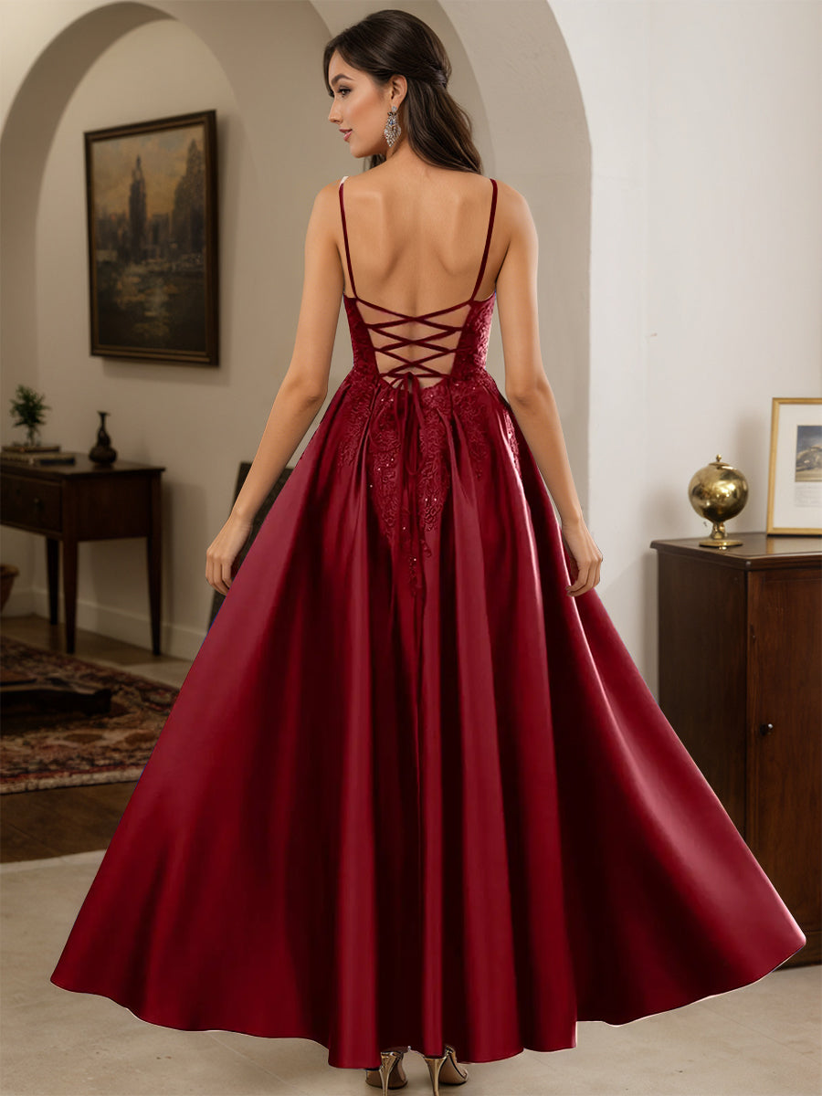 Cicinia Burgundy Prom Dresses Long Satin Appliques Lace A-line Floor Length