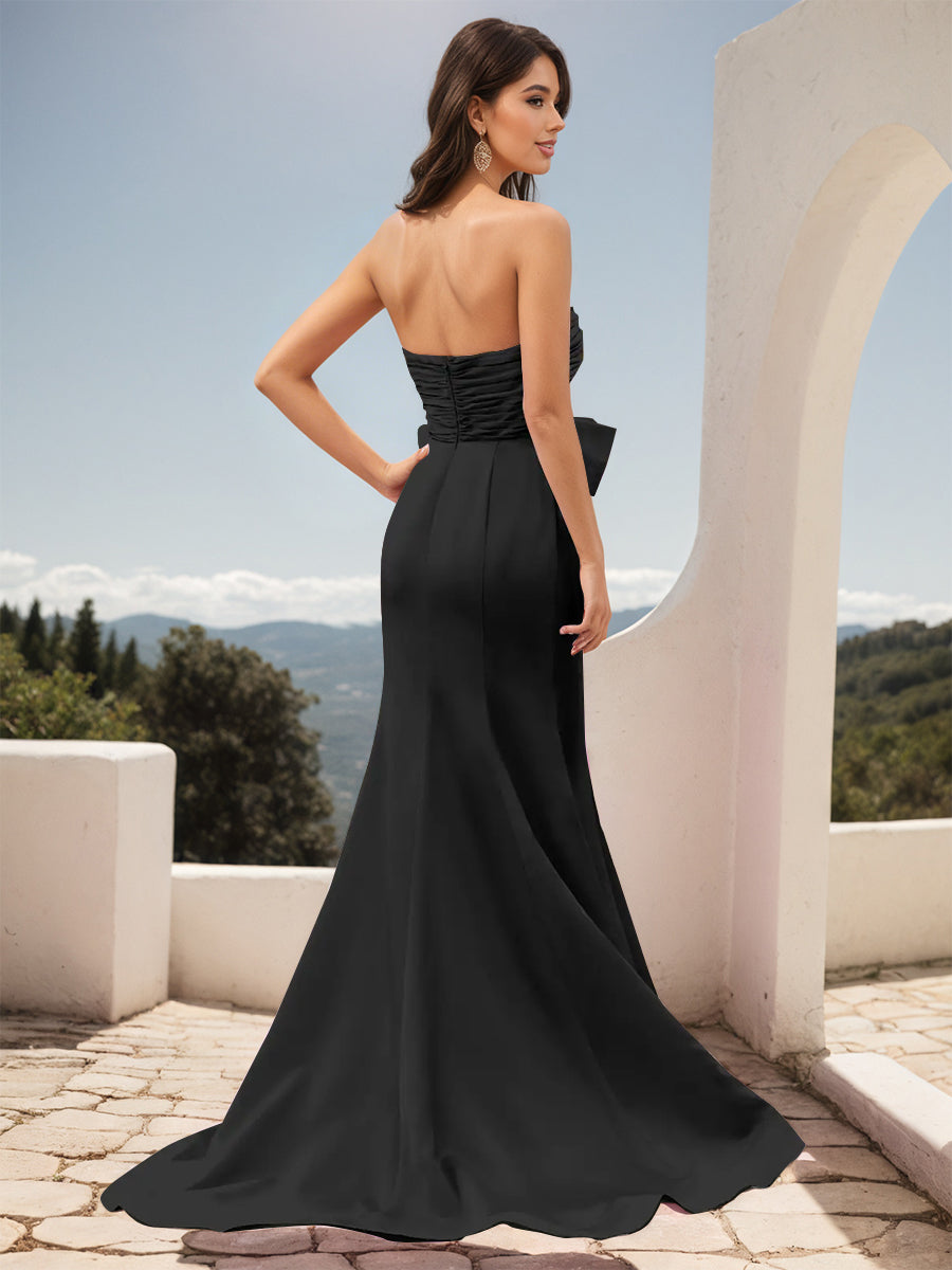 Cicinia Black Prom Dresses Long Stretch Fabric Sheath Slit Strapless Gowns With Big Bowknot