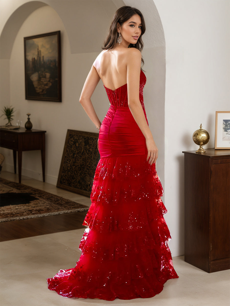 Cicinia Red Prom Dresses Long Lace Sheath Layered Slit Sweetheart Dress