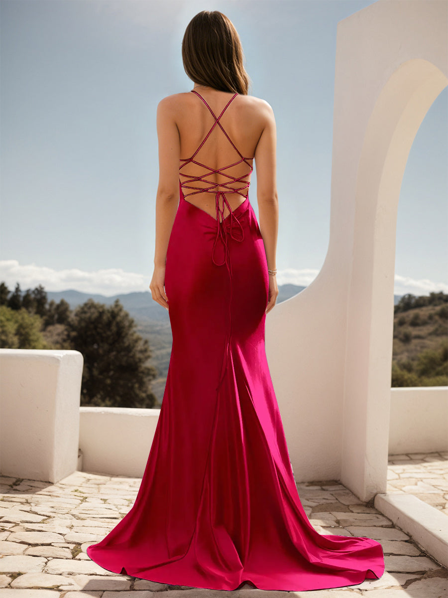 Cicinia Red Prom Dresses Long Backless Stretch Fabric Sheath Spaghetti Straps