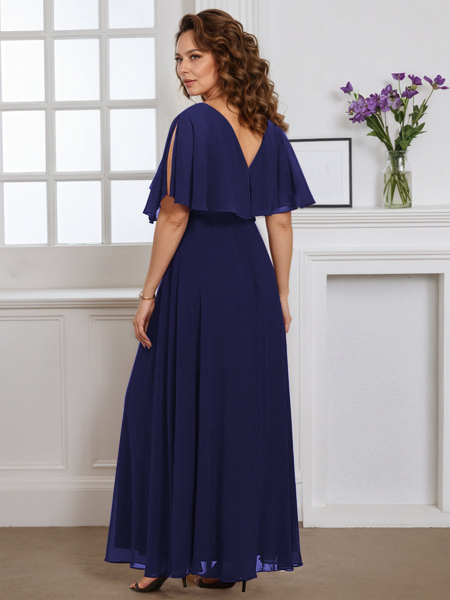 Cicinia Navy Blue Mother Of The Bride Dress Long Chiffon Plus Size A-line V-neck Flutter Sleeves