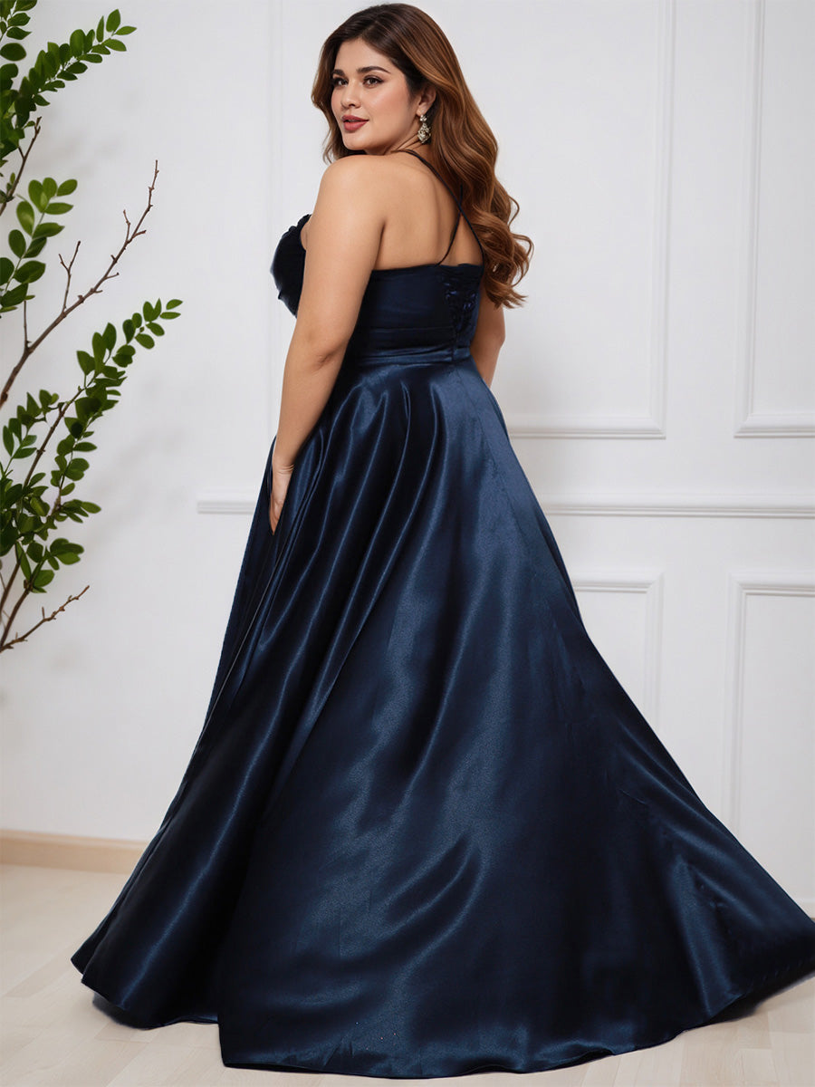 Formal Dark Navy A-line Spaghetti Straps Long Plus Size Prom Dress