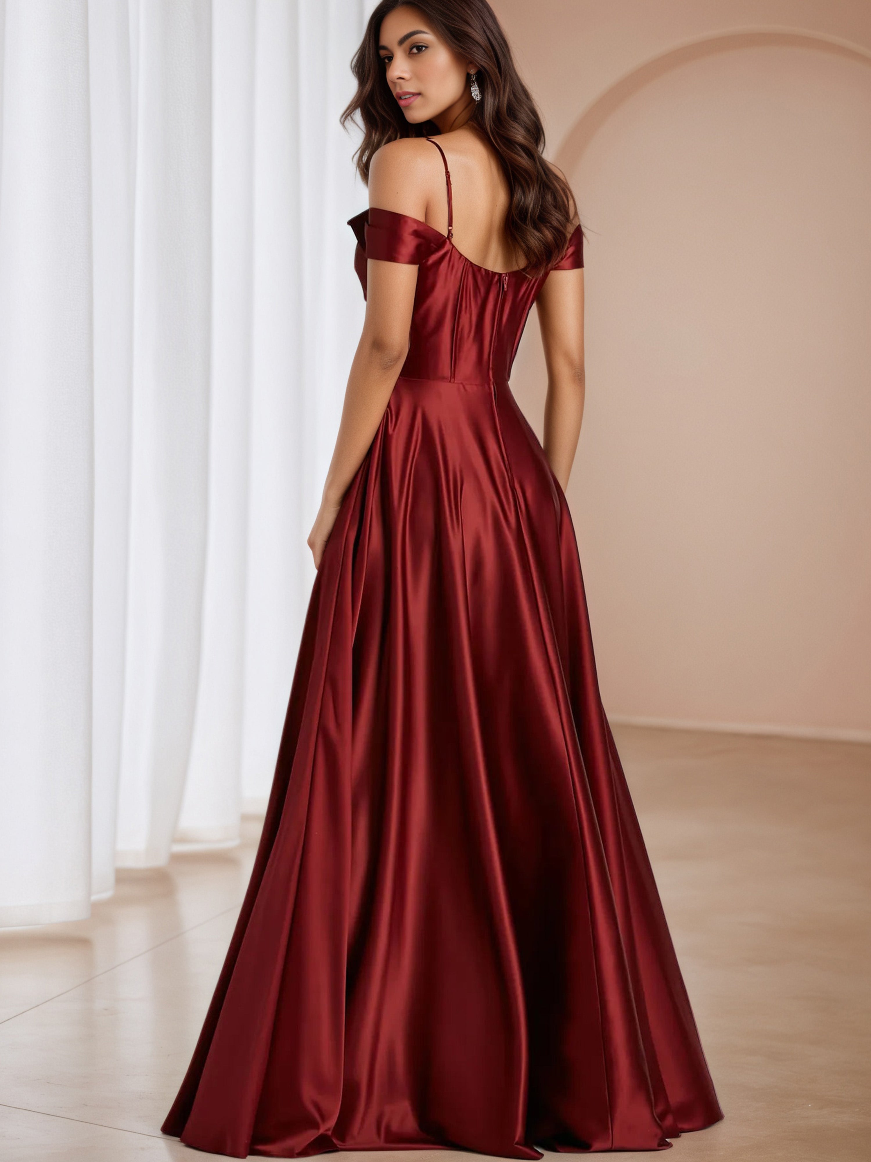 Off The Shoulder Ruched Burgundy Formal Dresses with Split